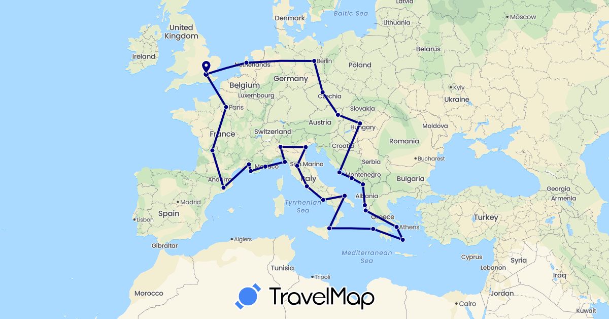 TravelMap itinerary: driving in Albania, Austria, Czech Republic, Germany, Spain, France, United Kingdom, Greece, Croatia, Hungary, Italy, Netherlands (Europe)